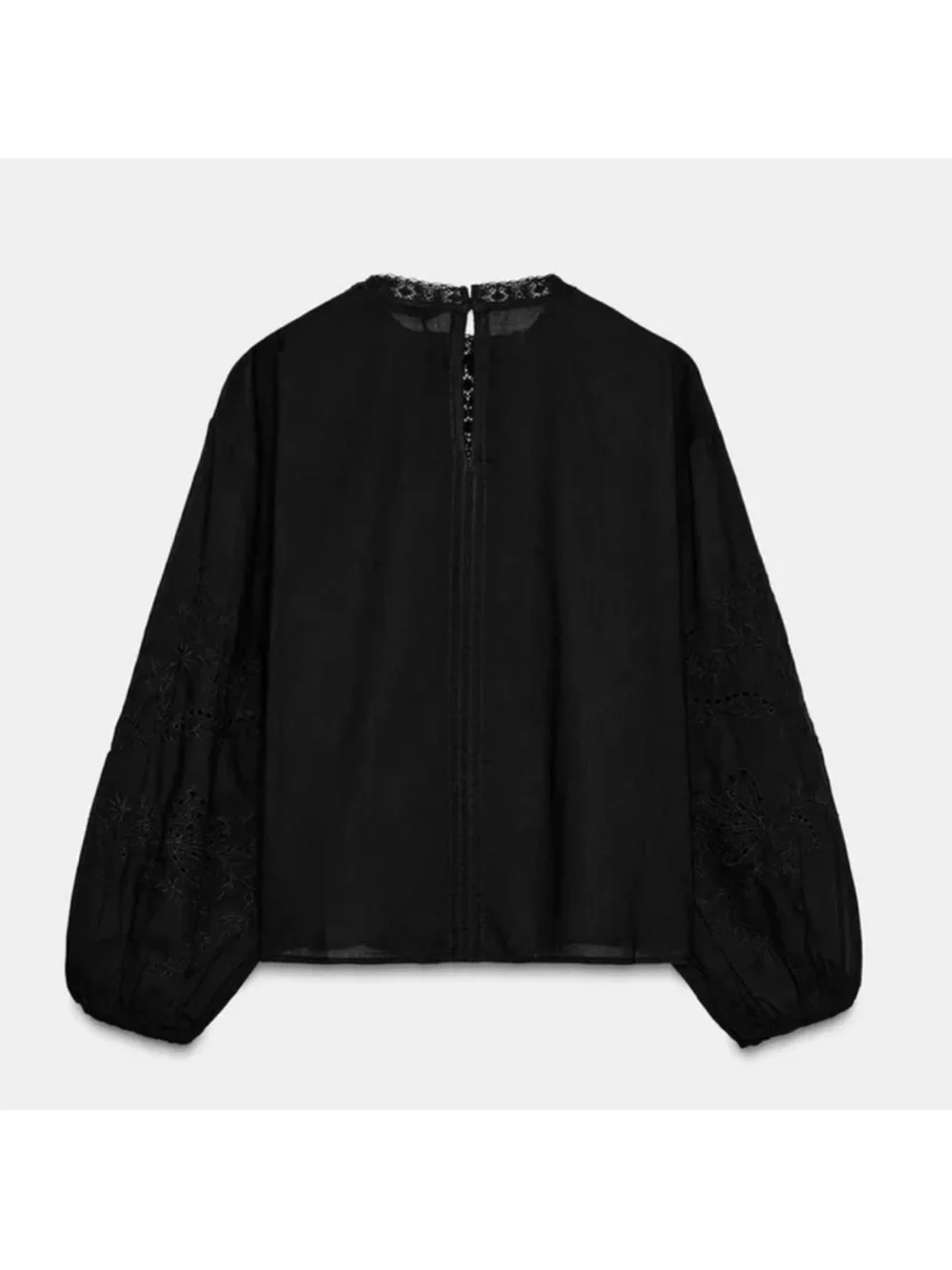 Zara Black Lace-Trim Long-Sleeve Blouse Top Sz:M Black